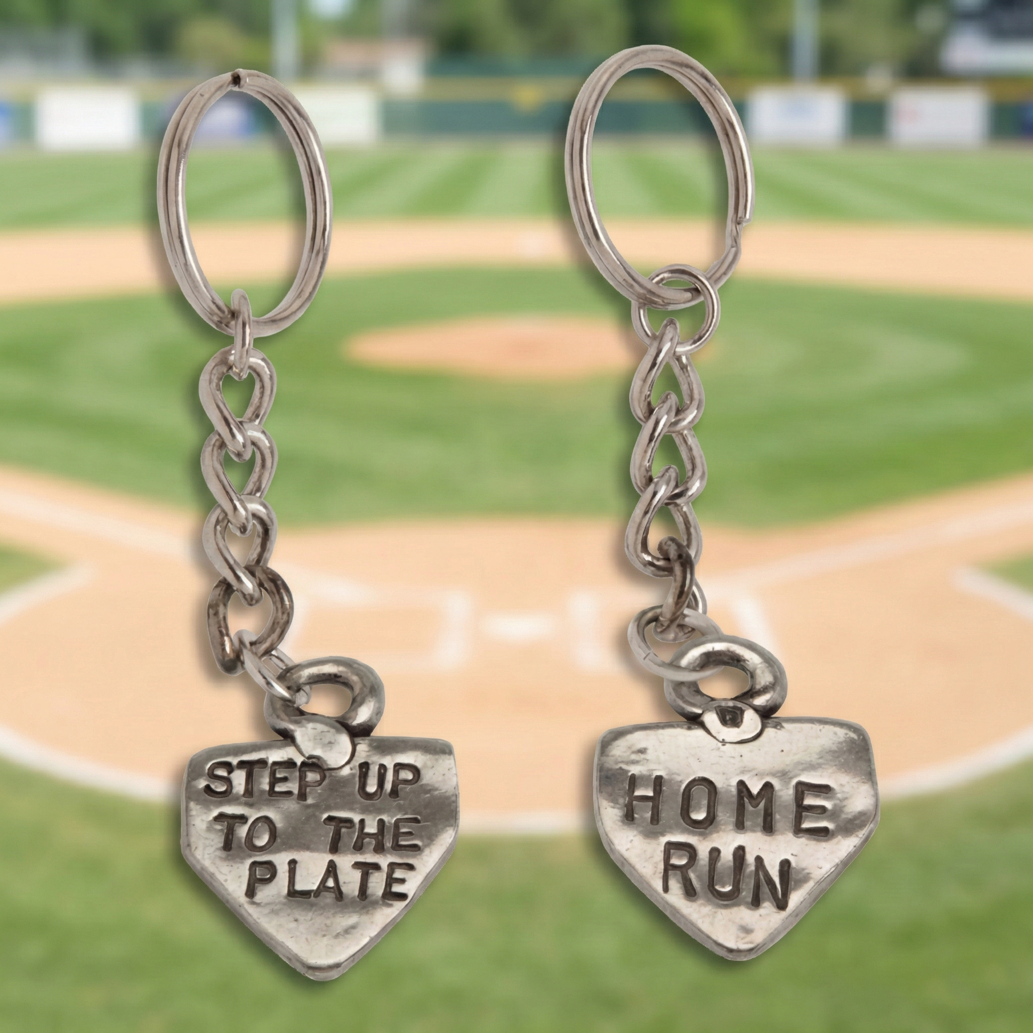 pewter baseball home run step up to the plate keychain with baseball field background