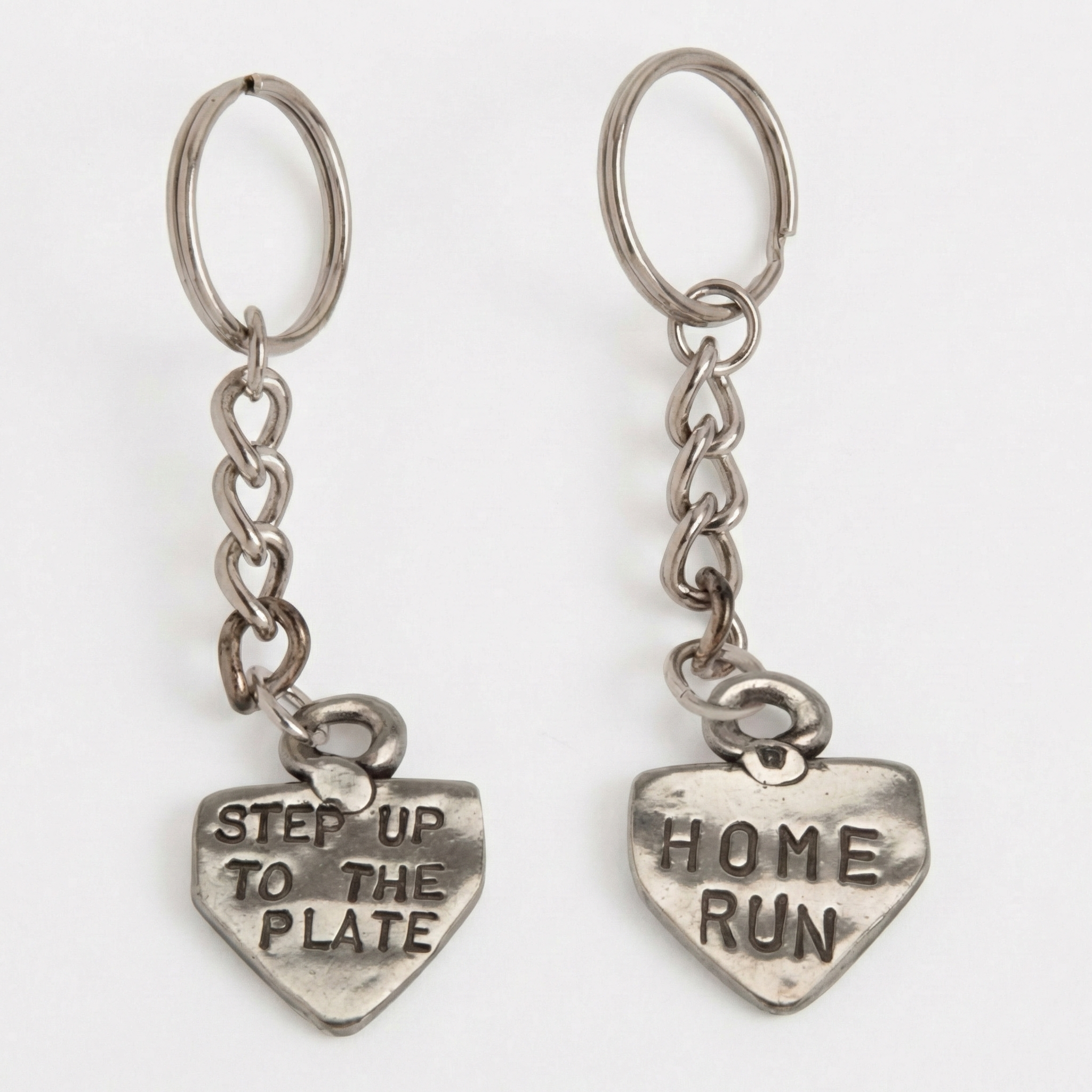 pewter baseball home run step up to the plate keychain on white background