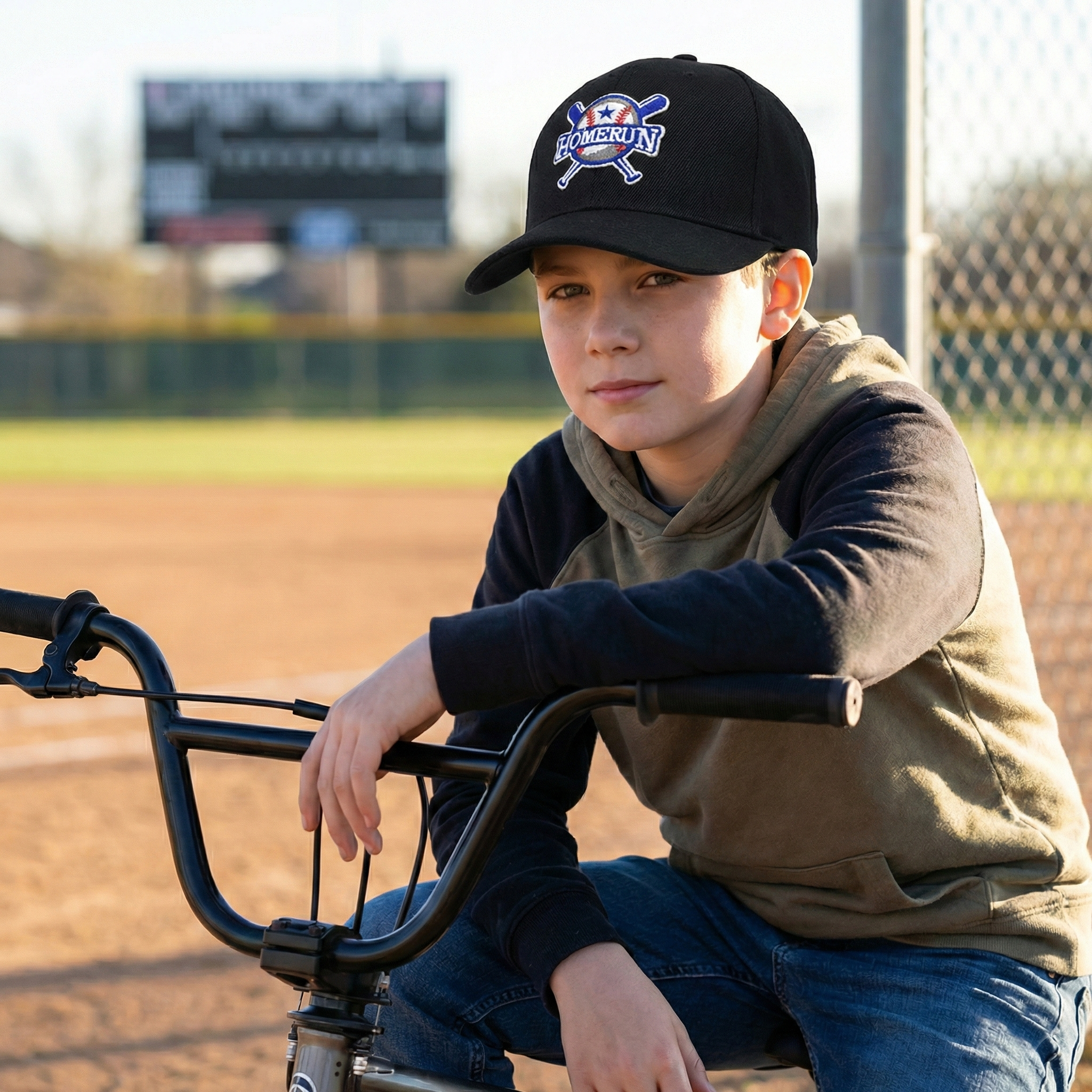 Child sitting on a bike at a baseball field wearing a Homerun baseball cap. 