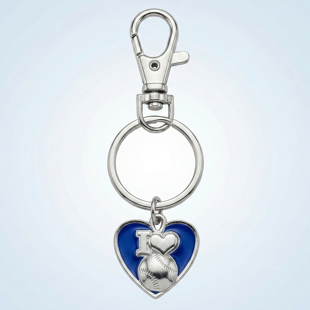 Keychain with heart-shaped charm featuring 'I ❤️ Baseball' design on a light gray background