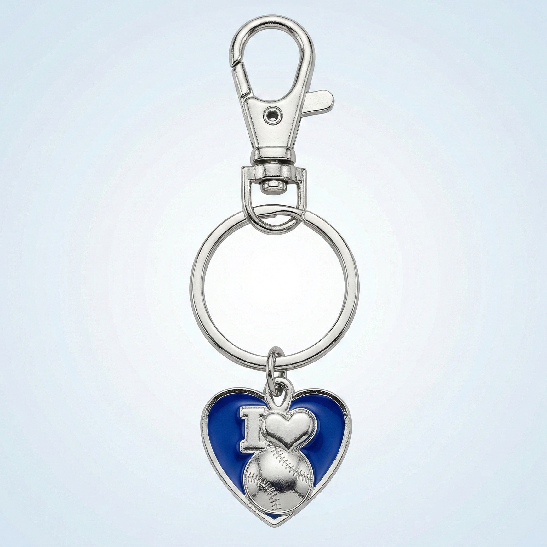 Keychain with heart-shaped charm featuring 'I ❤️ Baseball' design on a light gray background