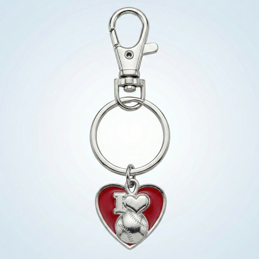 Keychain with red heart-shaped charm featuring 'I ❤️ Baseball' on a light gray background