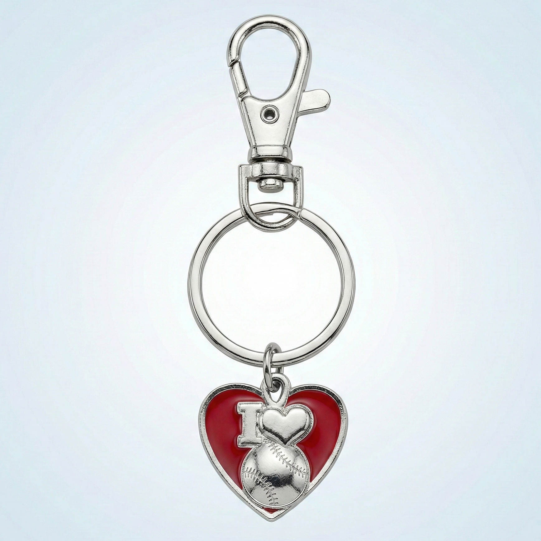 Keychain with red heart-shaped charm featuring 'I ❤️ Baseball' on a light gray background
