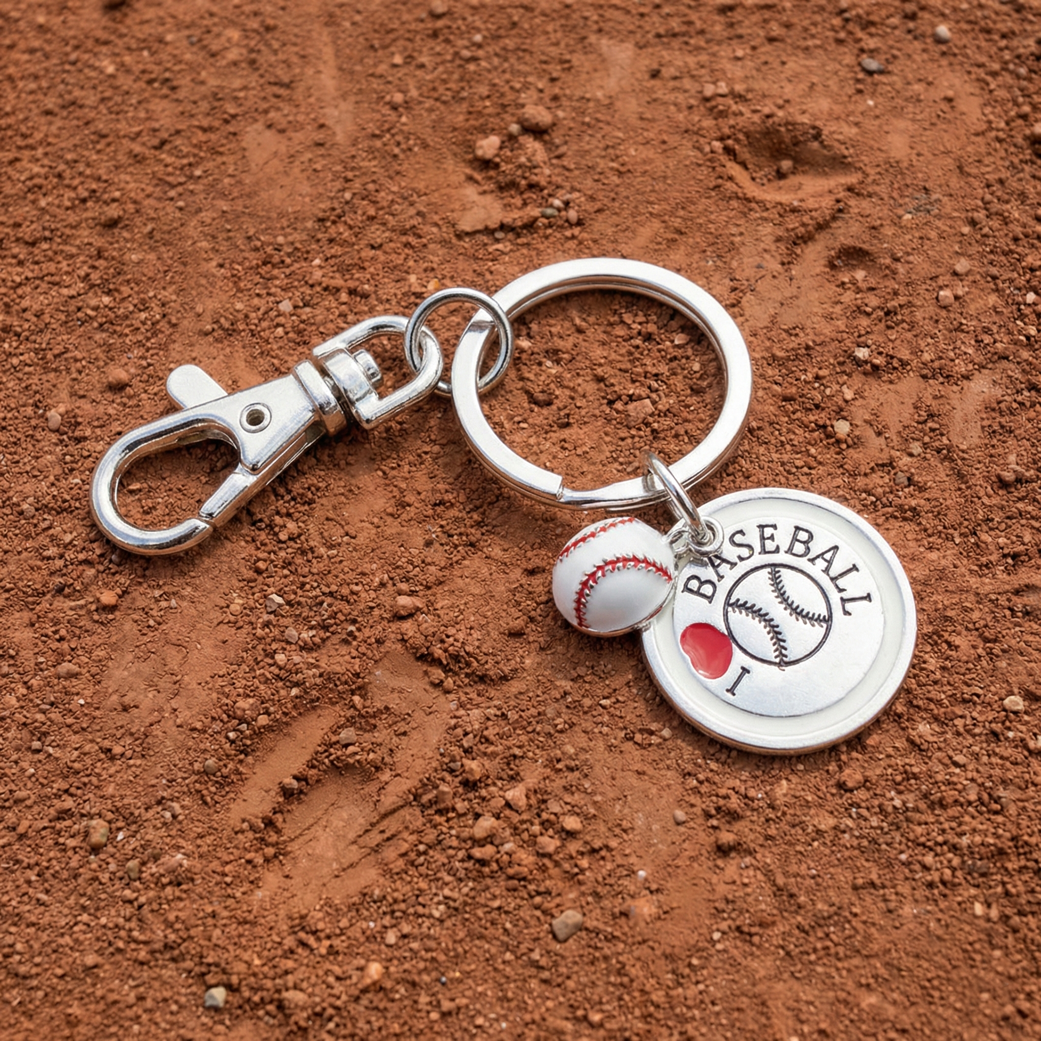 Keychain with baseball-themed charms on a dirt surface