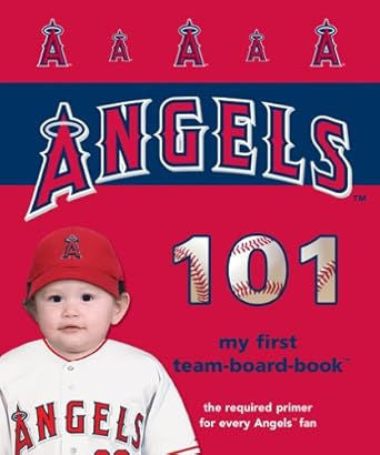 Book titled 'ANGELS 101' with a child wearing an Angels baseball cap and jersey on a red background.