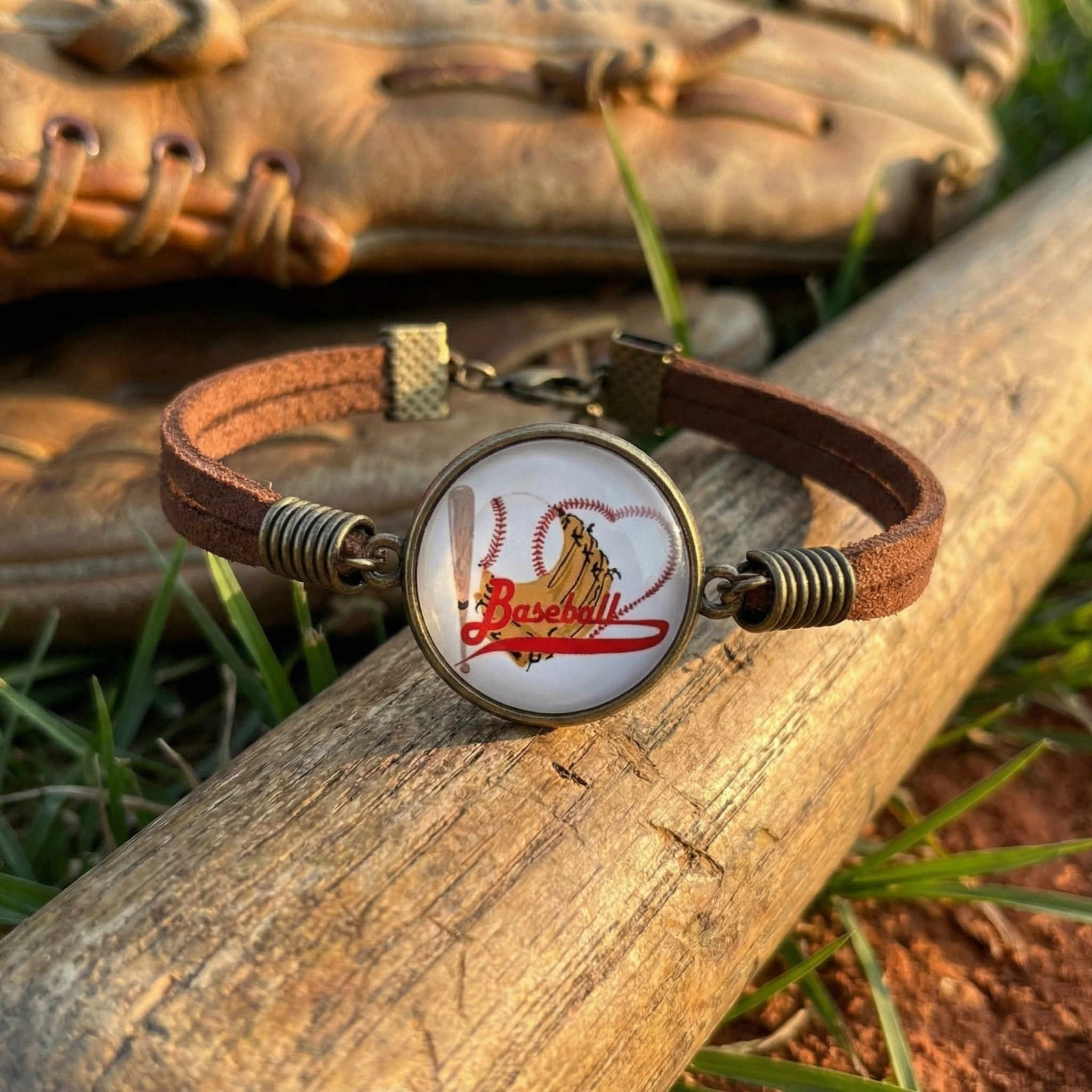 Leather Baseball Heart Bracelet displayed with a bat and glove.