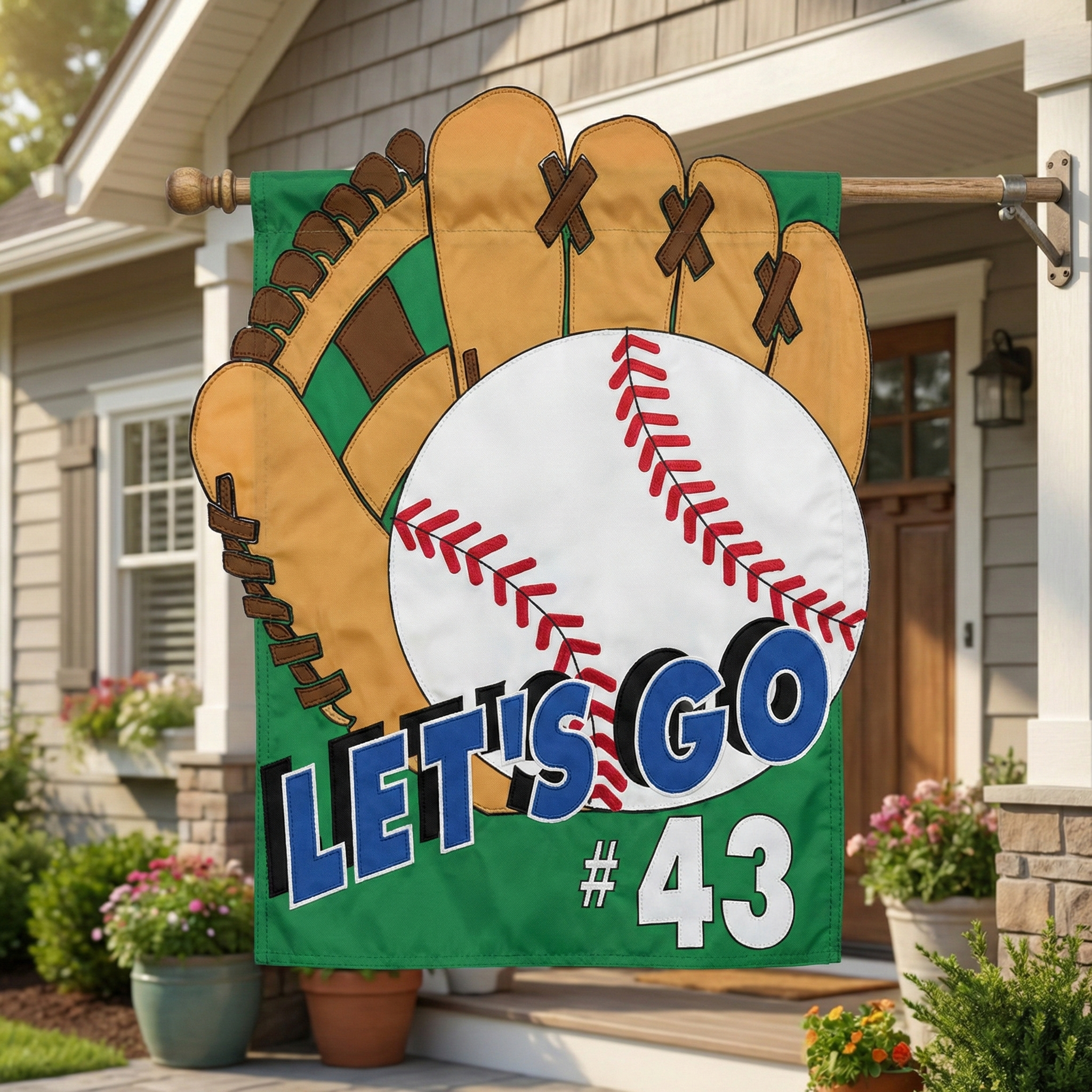 Baseball-themed decorative flag with 'Let's Go' and number '43' on a house exterior.