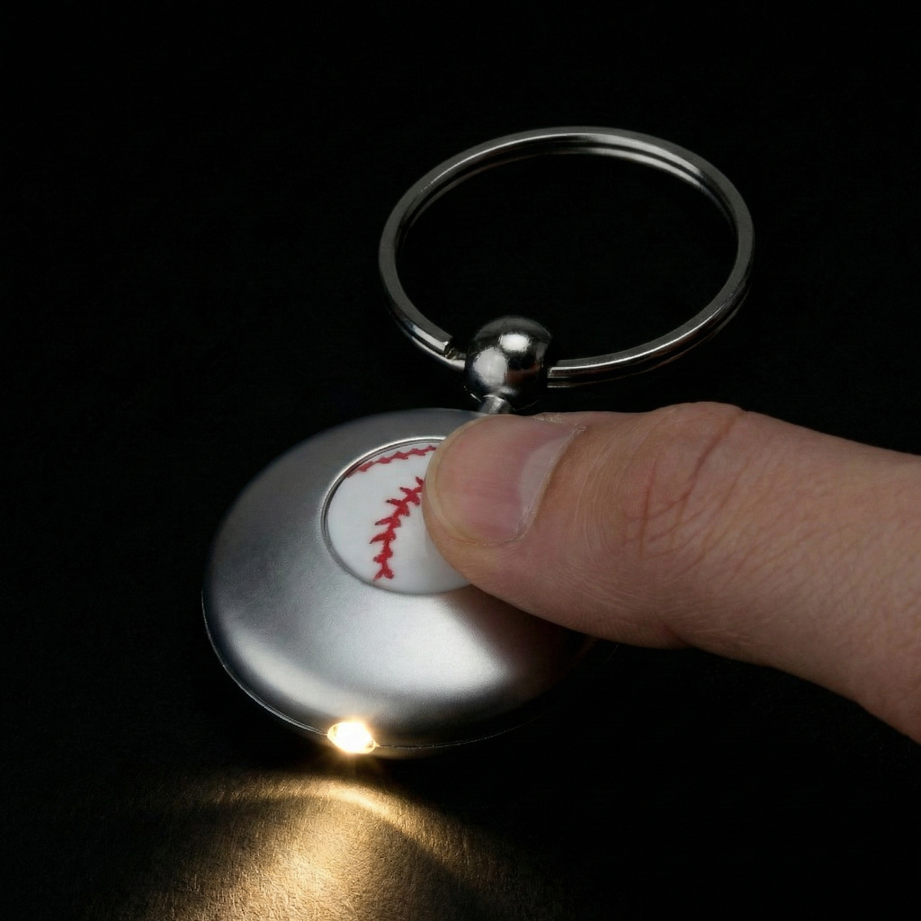light up baseball key chain with thumb pushing button in the dark