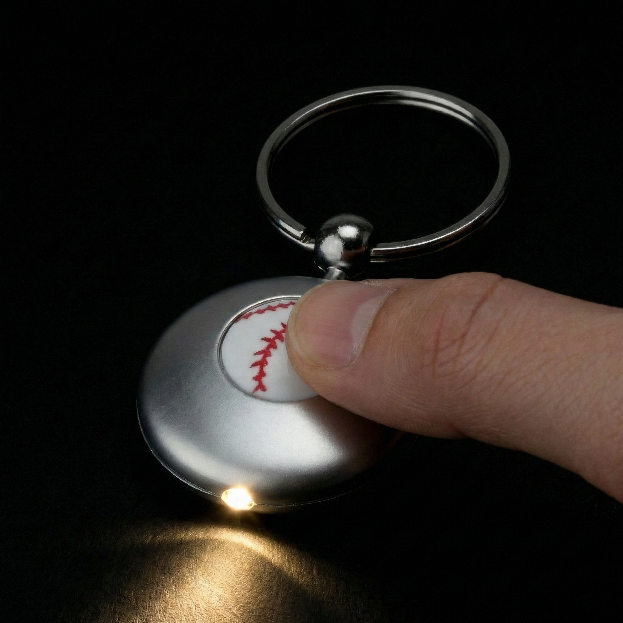 light up baseball key chain with thumb pushing button in the dark