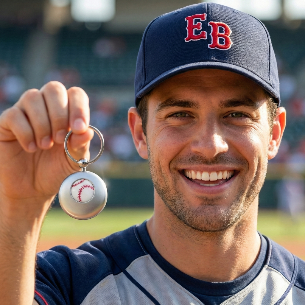 handsome guy in everything baseball hat holding a silver baseball key chain.