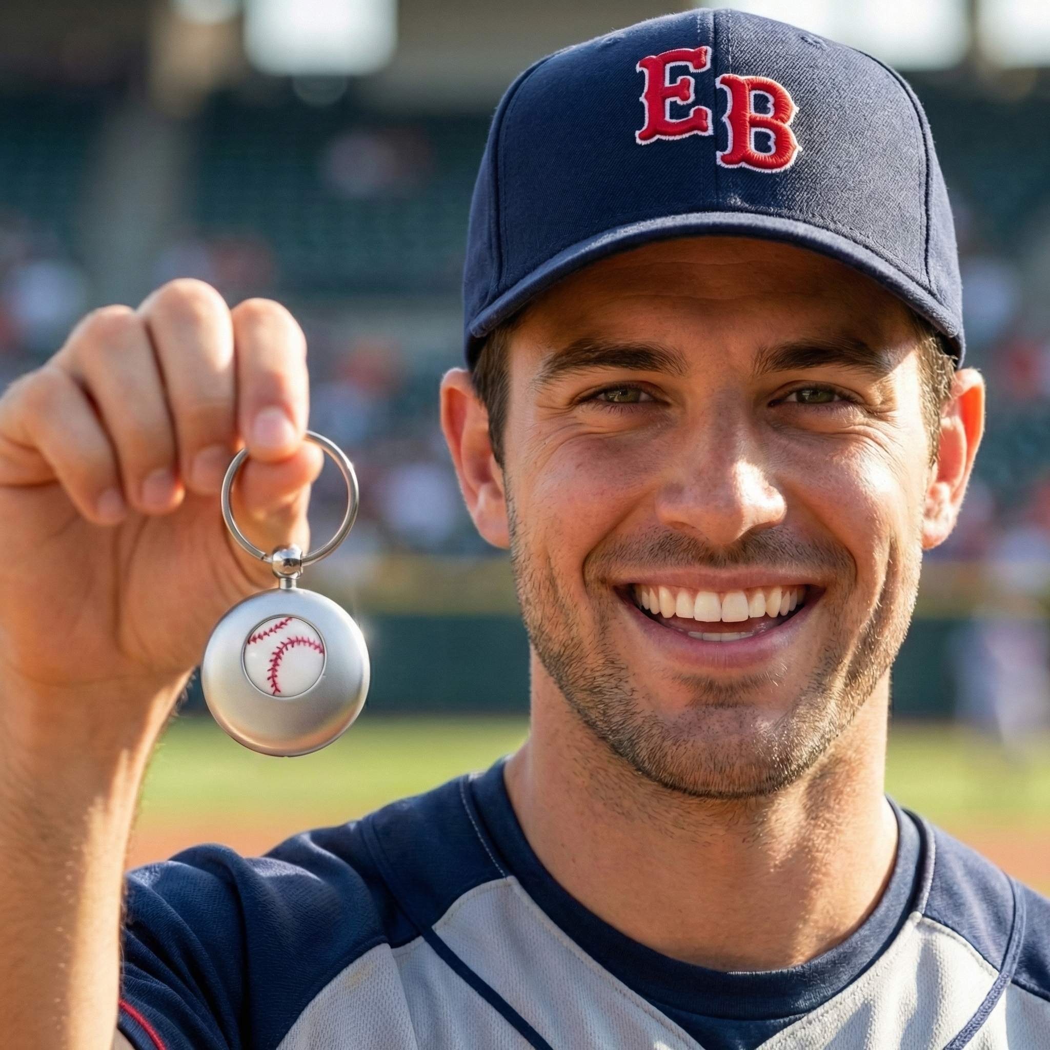 handsome guy in everything baseball hat holding a silver baseball key chain.