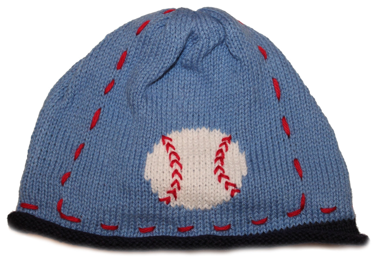 Blue knit beanie with a baseball design on a white background