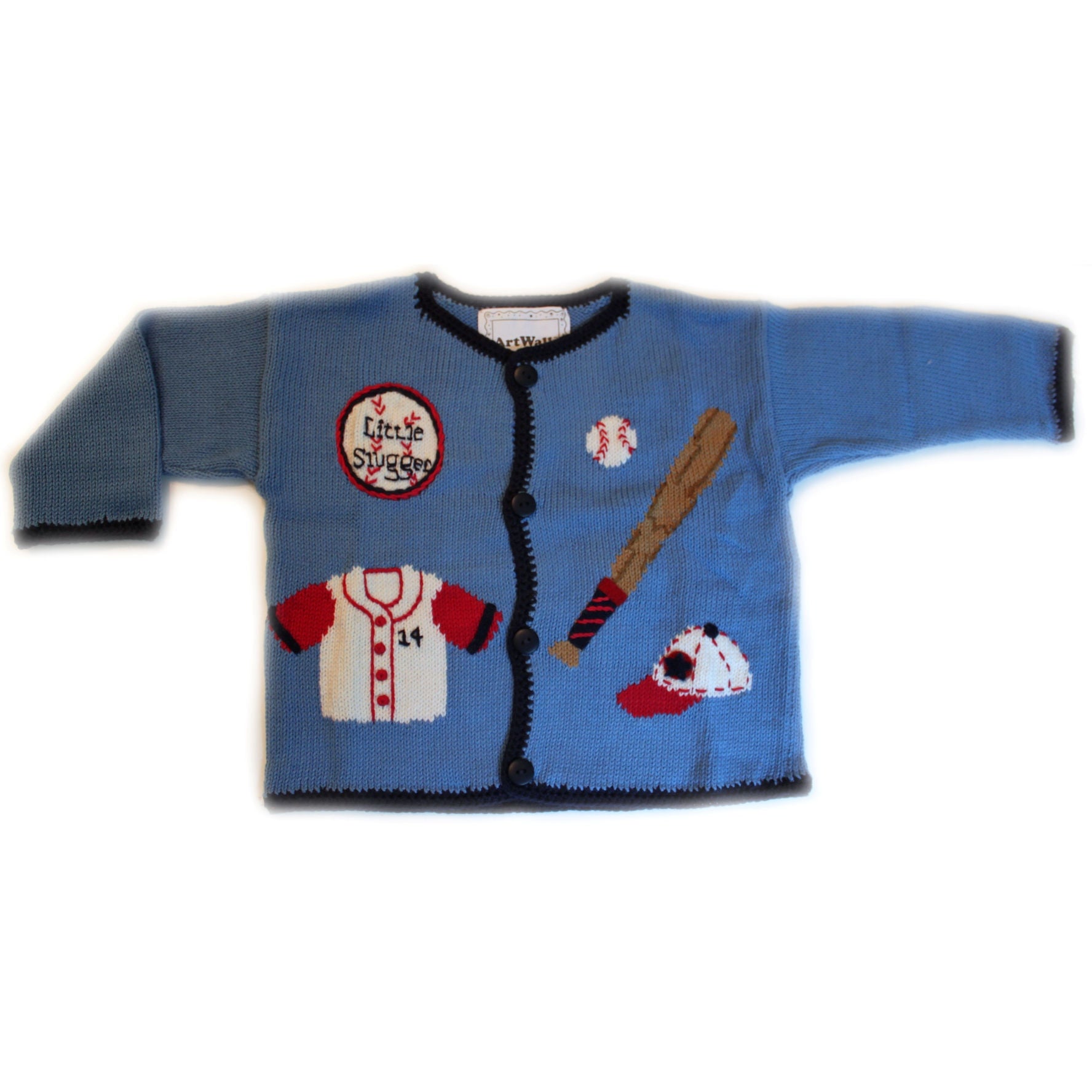Blue children's sweater with baseball-themed designs on a white background