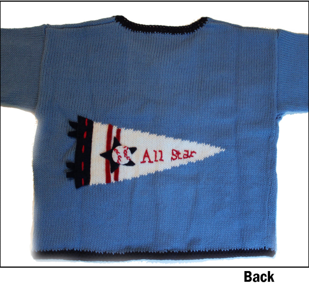 Blue baseball sweater with a 'All Star' pennant design on a white background