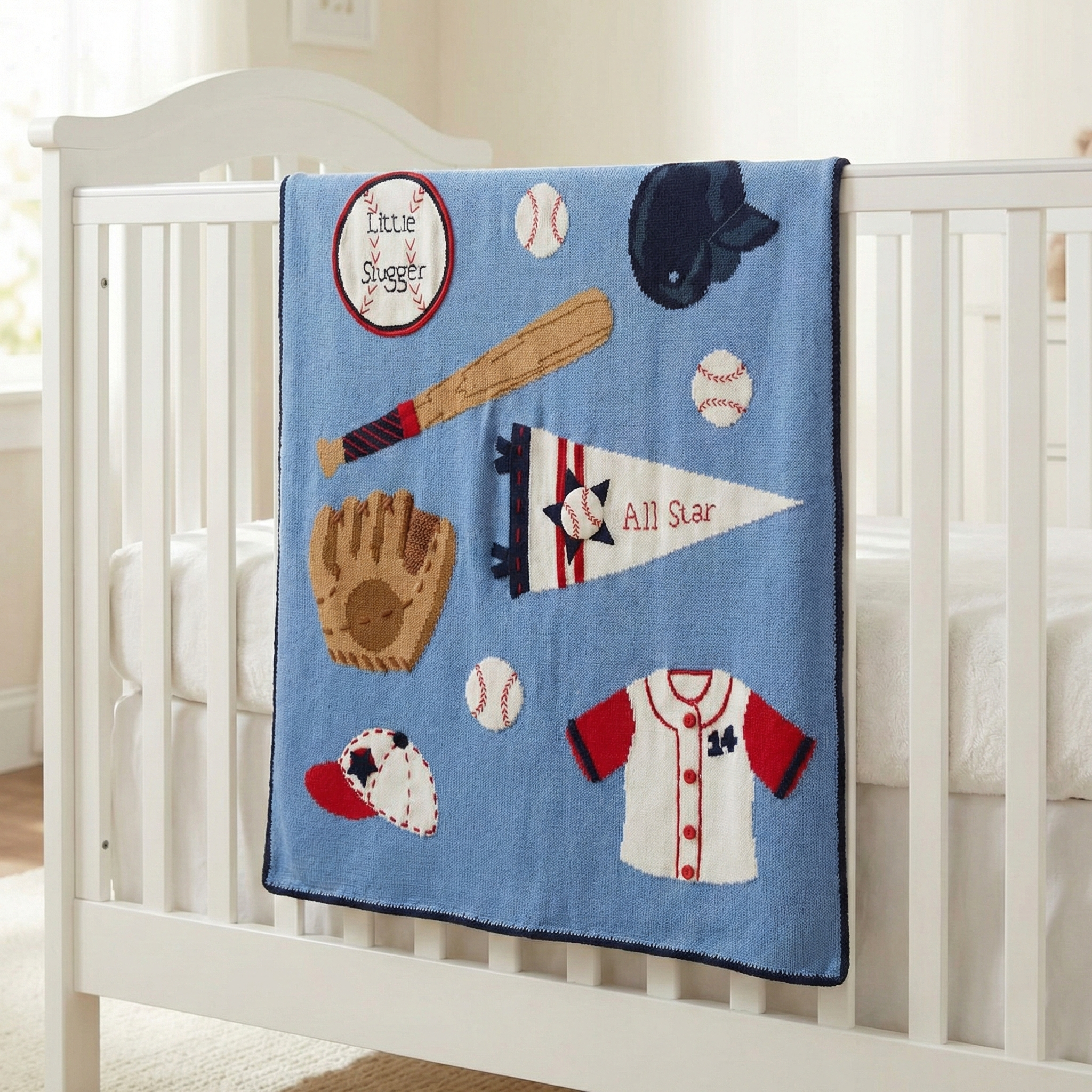 Little Slugger Baseball Appliqué Baby Blanket hanging on a crib