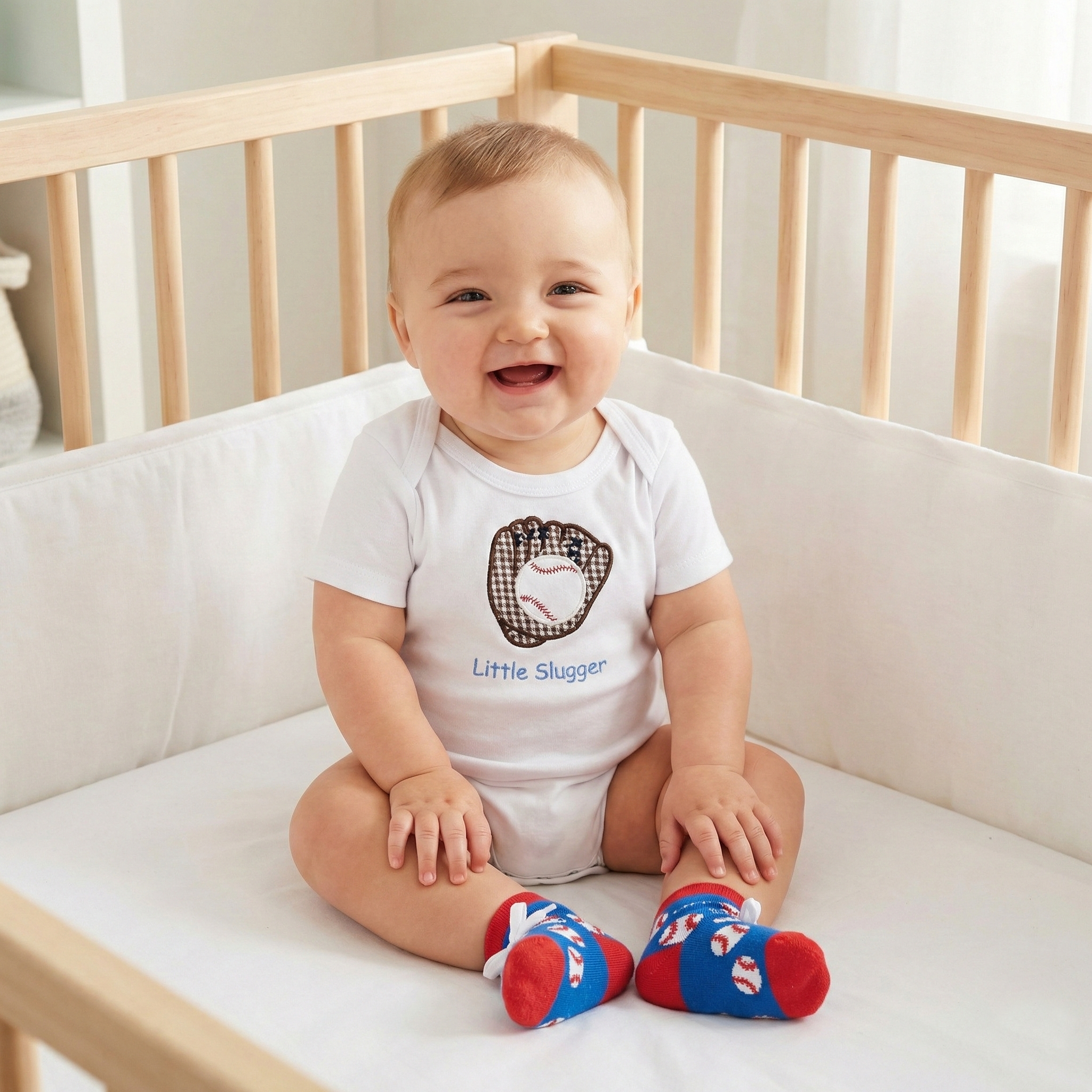 Baby boy in crib wearing Baseball Crawler and Sock Set 
