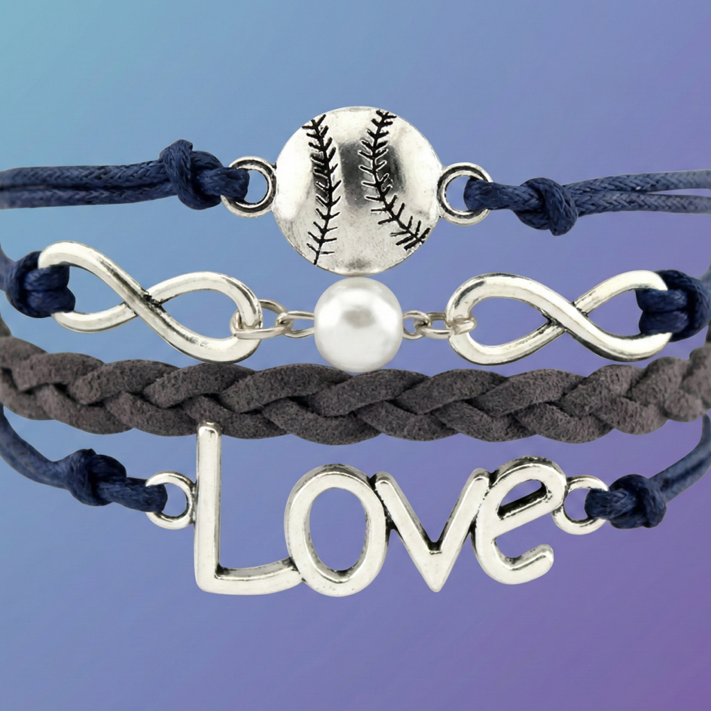 Love Baseball Wrap Bracelet on purple gradient background.