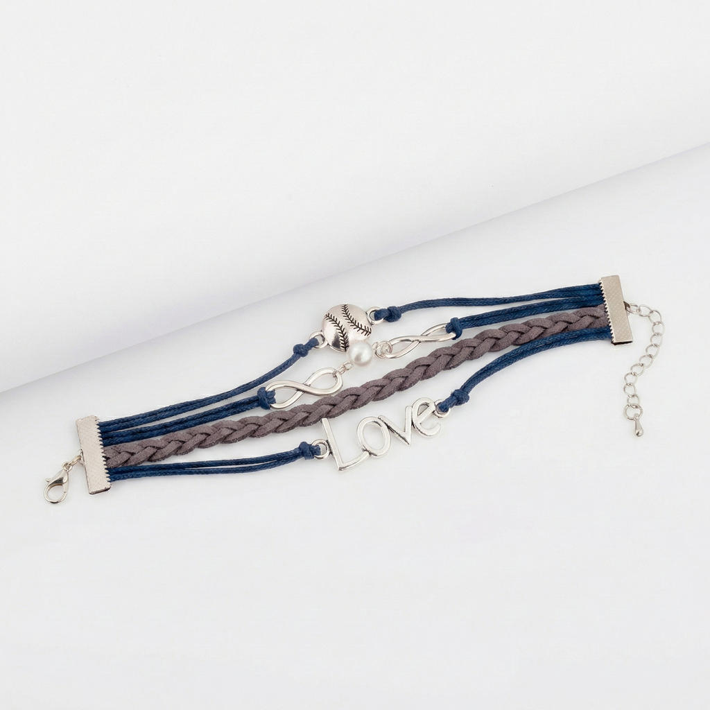 baseball wrap bracelet with metal charms on a white background