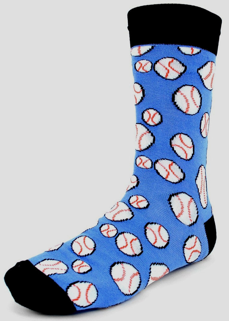 Blue sock with baseball pattern on a gray background