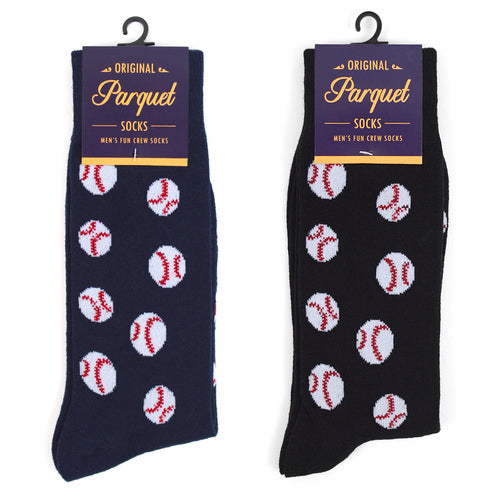 Black socks with baseball pattern on a white background, featuring Parquet Socks packaging.