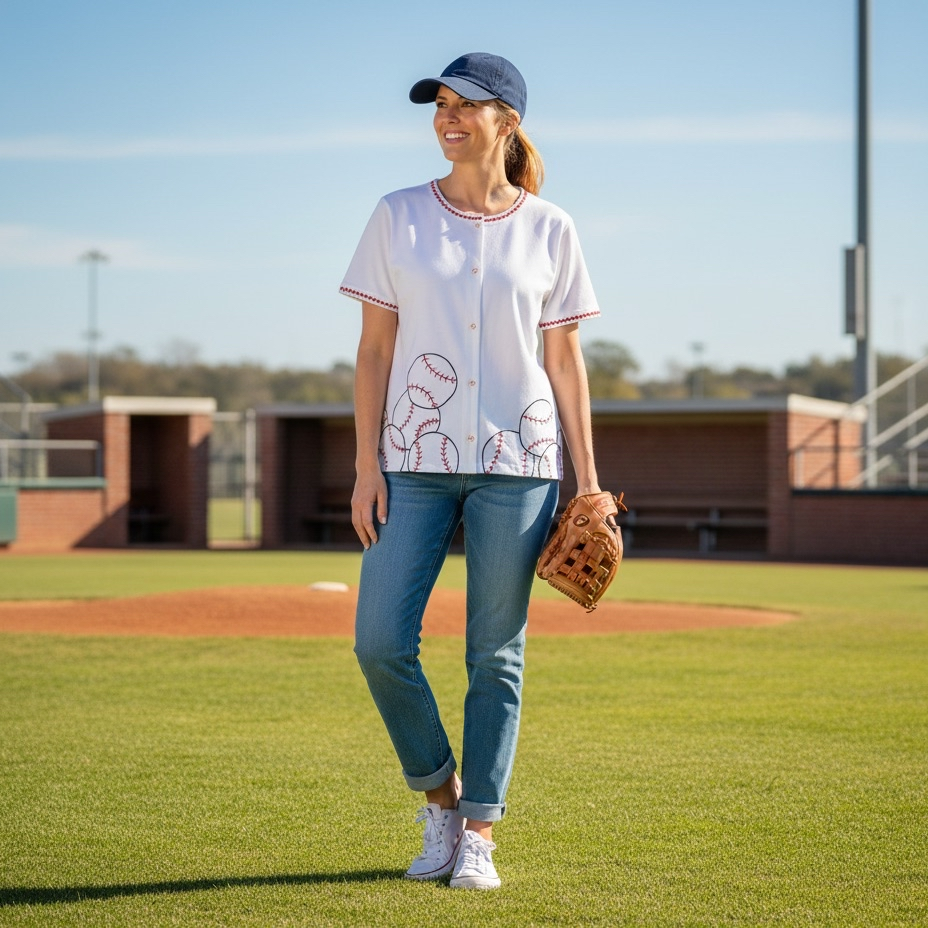 Woman in a baseball jersey and cap standing on a baseball field
