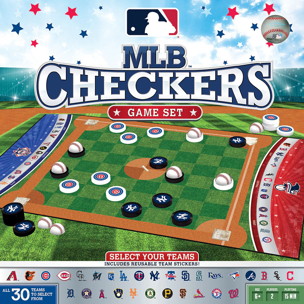 MLB Checkers game set with team logos on a baseball field background