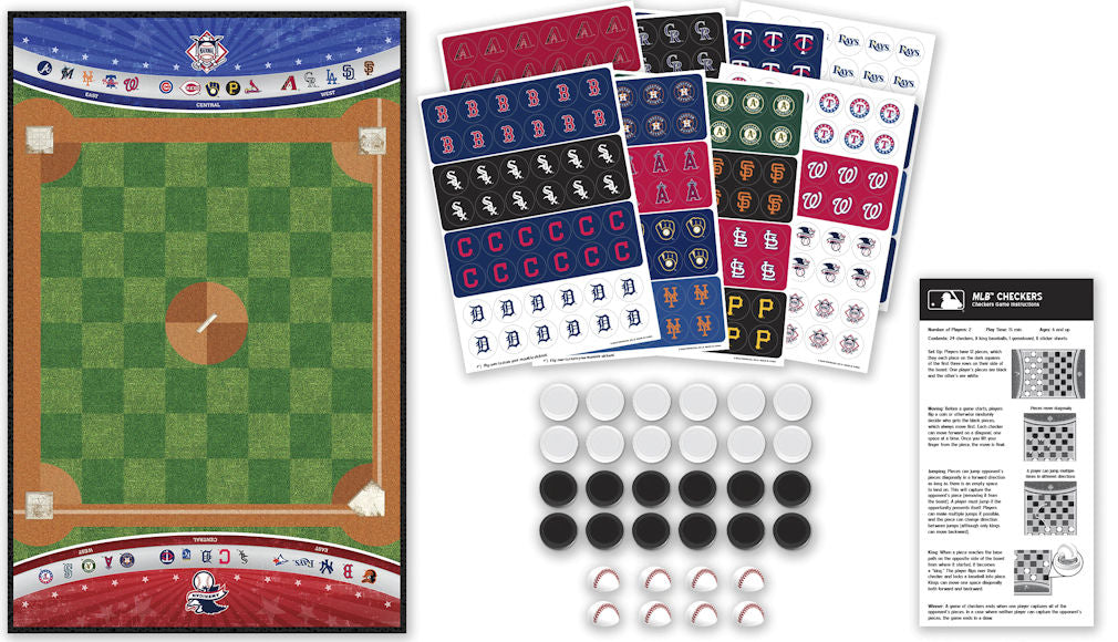 Baseball-themed checkers game set with board, pieces, and rules sheet on a white background
