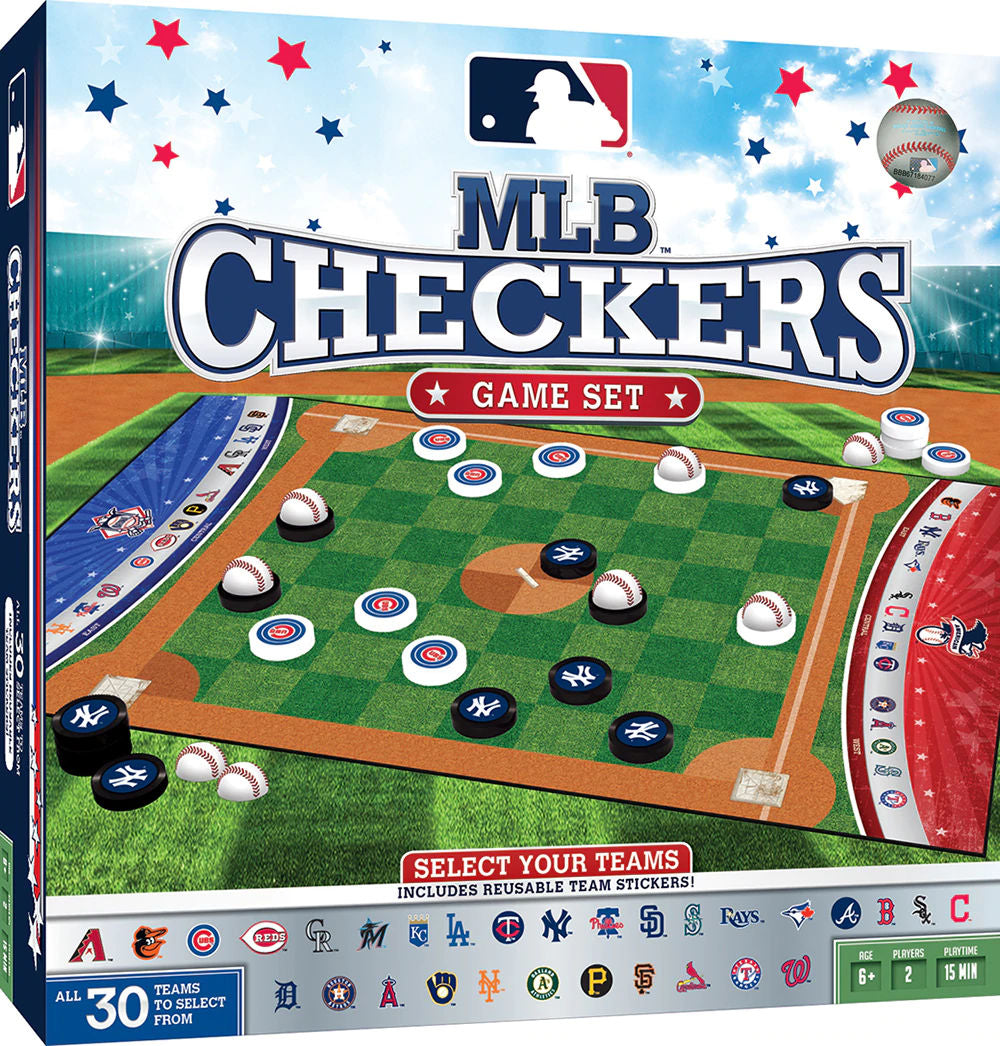 MLB Checkers game set packaging with team logos and a checkered board design.