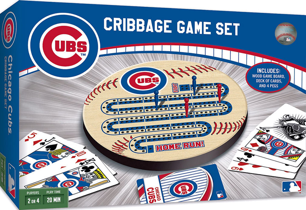 Chicago Cubs cribbage game set packaging with board, cards, and pieces.