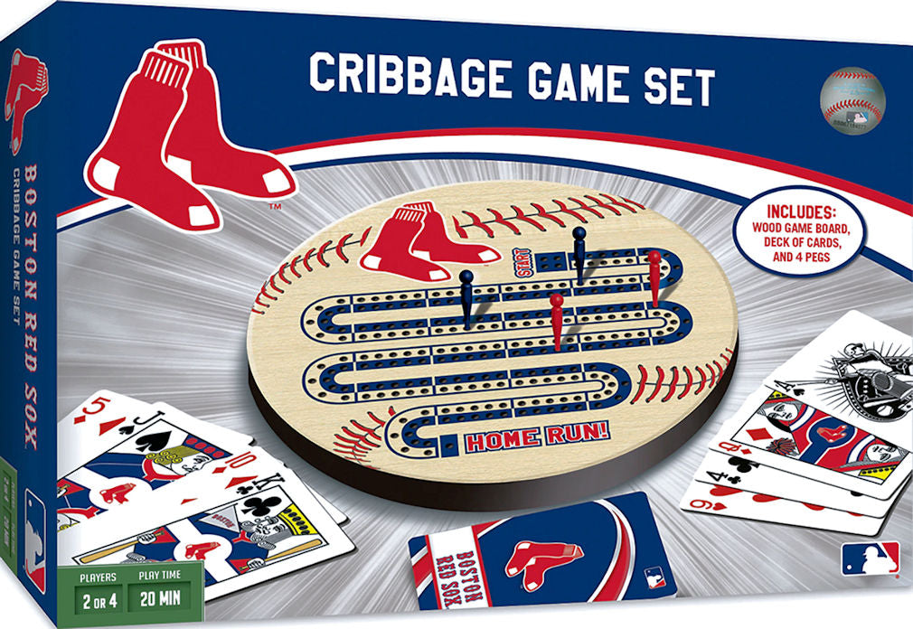 Boston Red Sox cribbage game set packaging with board, cards, and pegs.