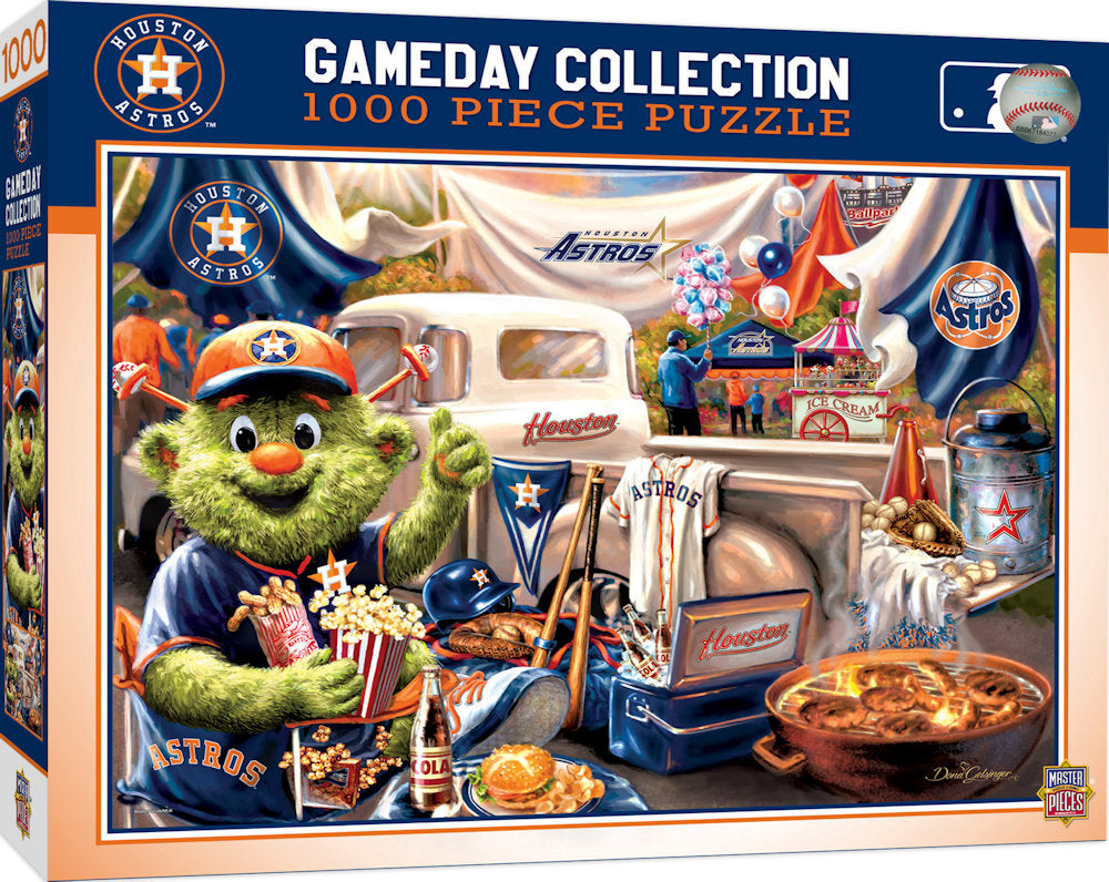 Houston Astros Gameday Collection 1000 Piece Puzzle in a box with collectibles and mascot.