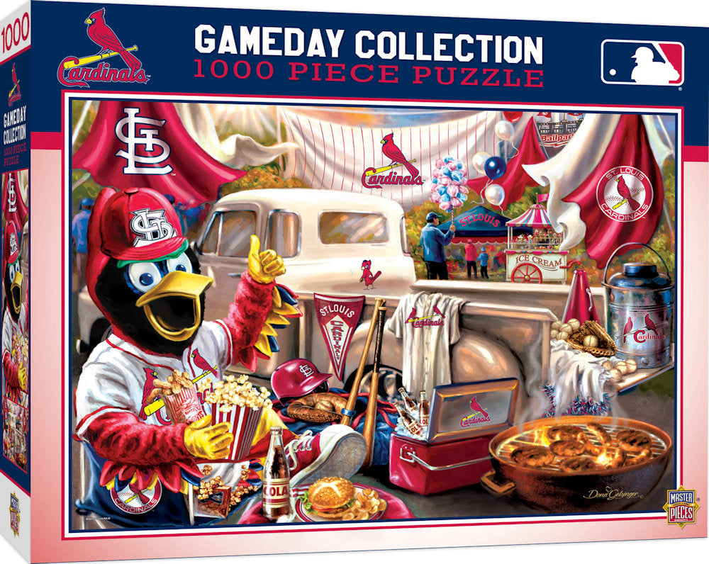 St. Louis Cardinals Gameday Collection 1000 Piece Puzzle in a box with collectibles.