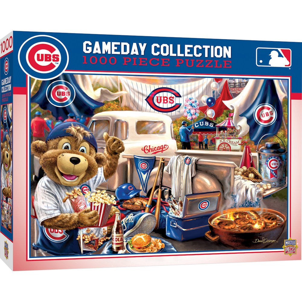 Chicago Cubs Gameday Collection 1000 Piece Puzzle in a box with collectibles and bear mascot.