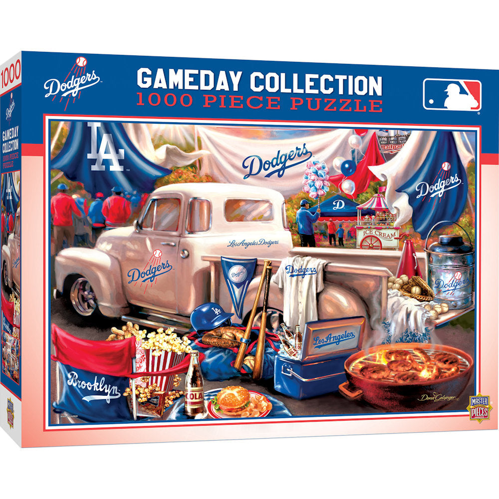 Los Angeles Dodgers Gameday Collection 1000 Piece Puzzle in a box with collectibles.