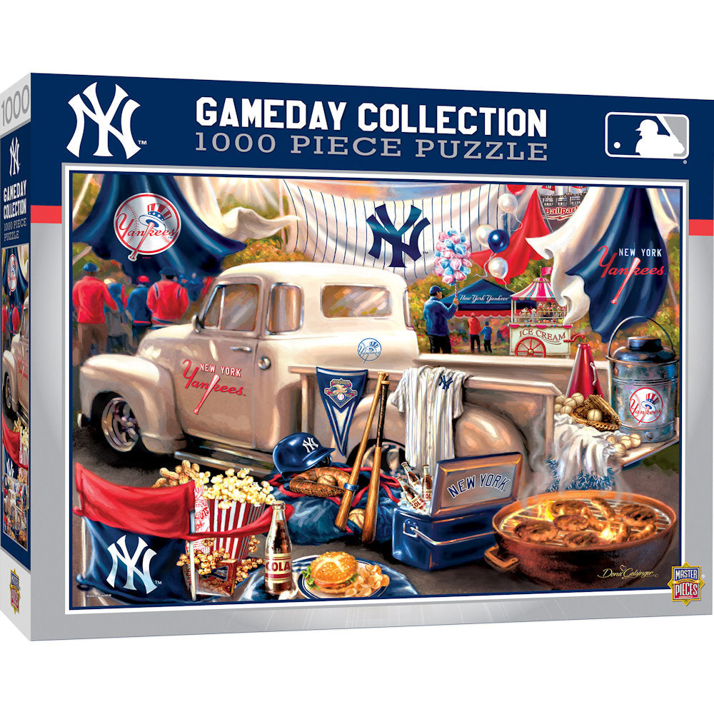 New York Yankees Gameday Collection 1000 Piece Puzzle in a box with collectibles.