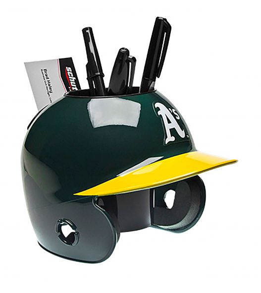 Baseball Athletics helmet-shaped desk organizer with pens and cards on a white background