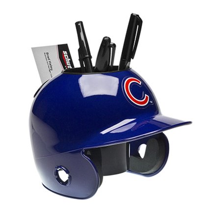 Blue Cubs baseball helmet-shaped desk organizer with pens and cards on a white background