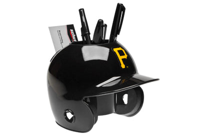 Black Pirates baseball helmet desk organizer with pens and cards on a white background