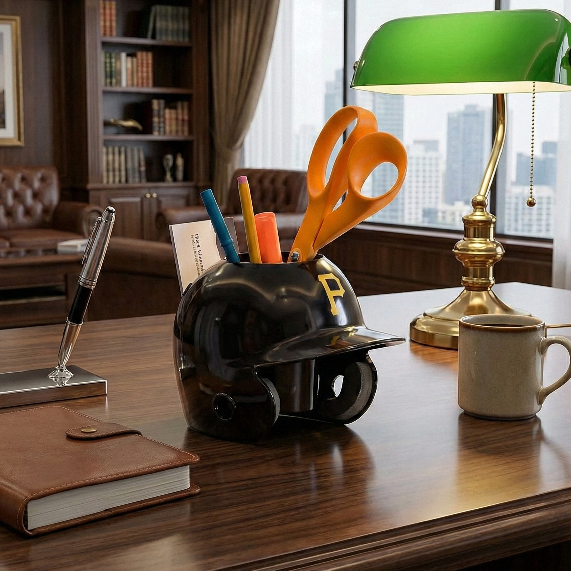 Desk setup with Pirates baseball helmet-shaped pen holder, office supplies, and a lamp in an office setting.