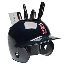 Baseball Boston Red Sox helmet desk organizer with pens and cards on a white background