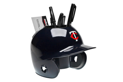 Navy blue Twins baseball helmet desk organizer with pens and cards on a white background