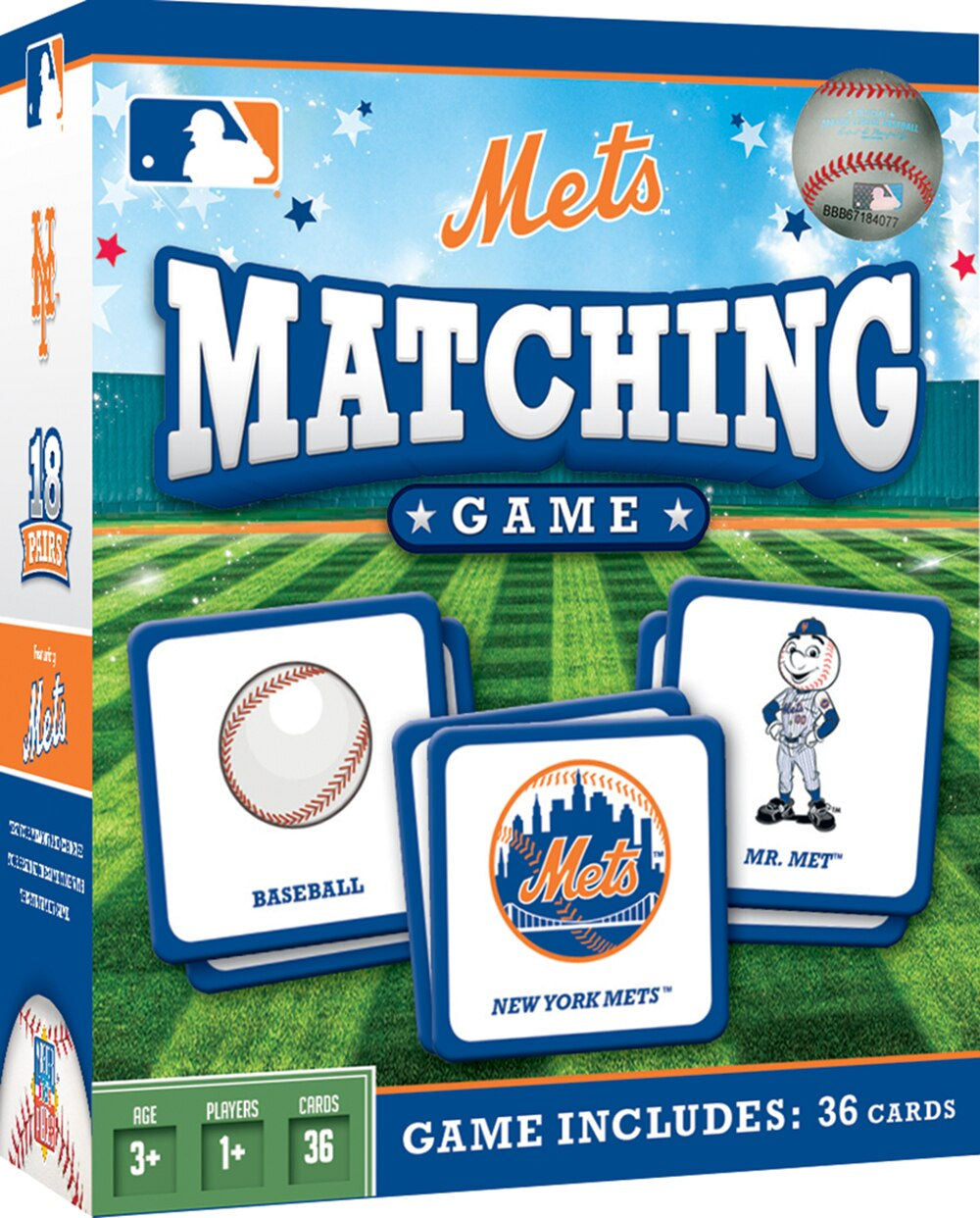 New York Mets matching game packaging with cards and branding elements.