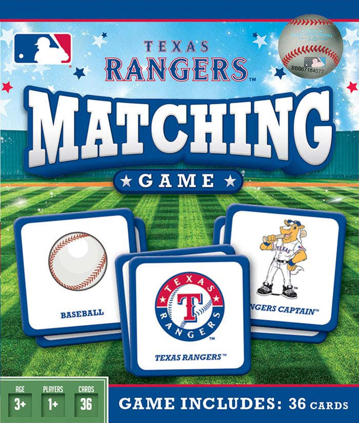 Texas Rangers matching game packaging with cards and team logo on a baseball field background