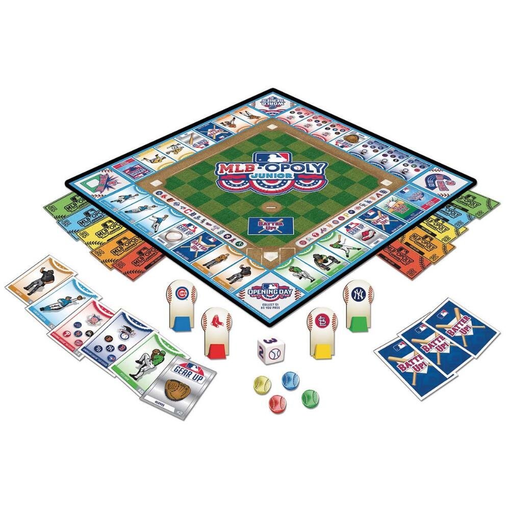 MLB-Opoly baseball board game with pieces and cards on a white background