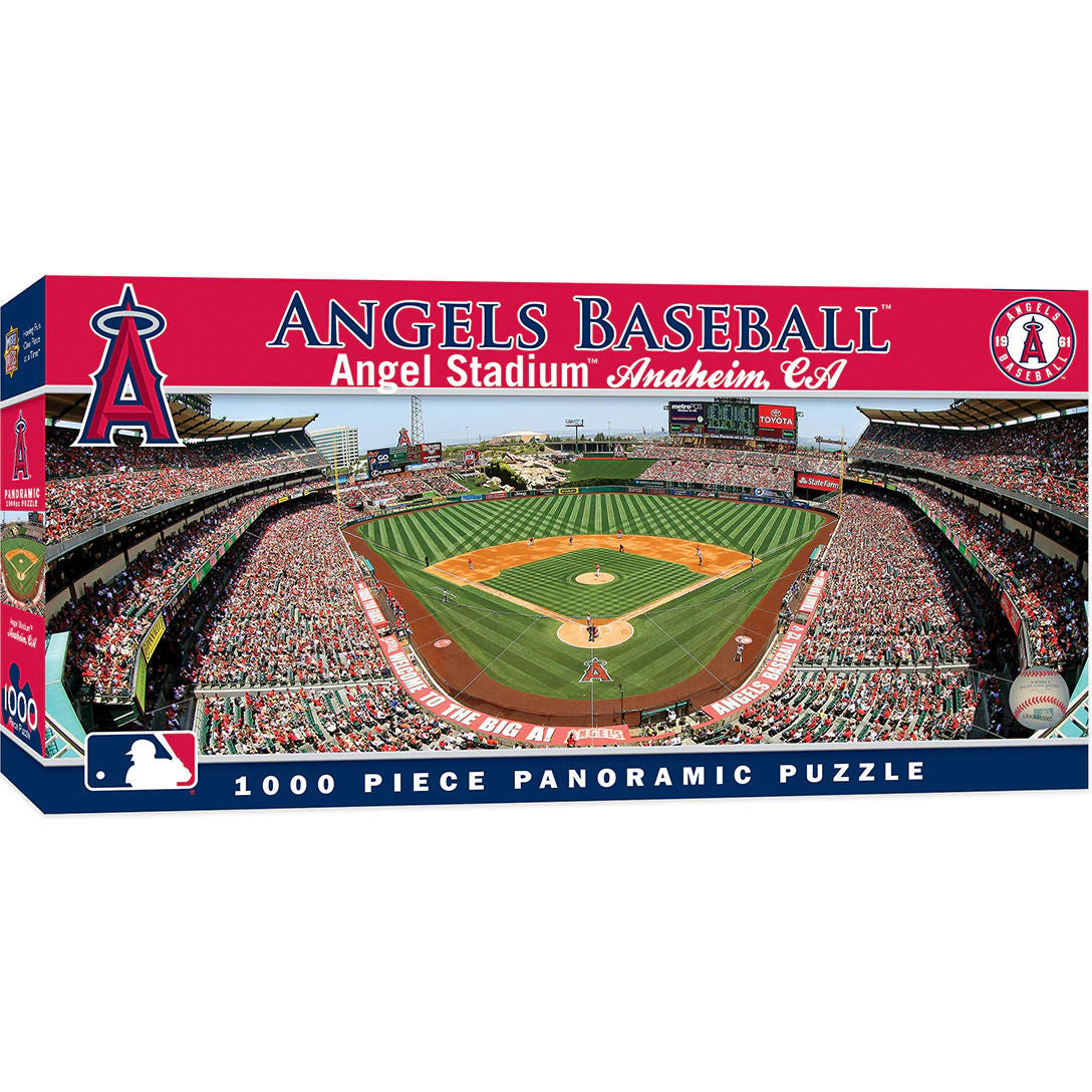 Jigsaw puzzle box featuring Angel Stadium with baseball graphics and text.