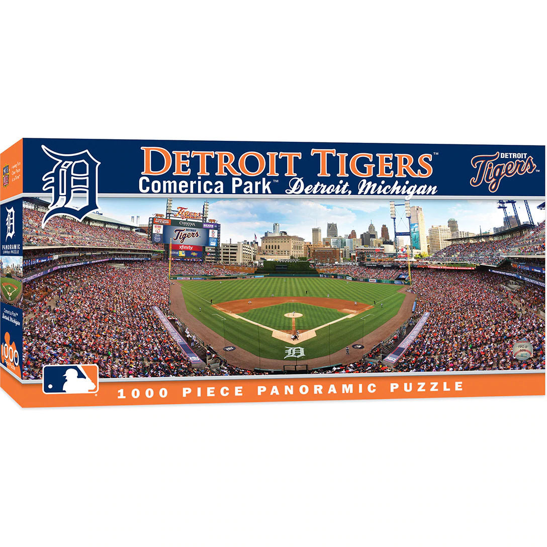 Detroit Tigers baseball stadium puzzle packaging with stadium image and branding.