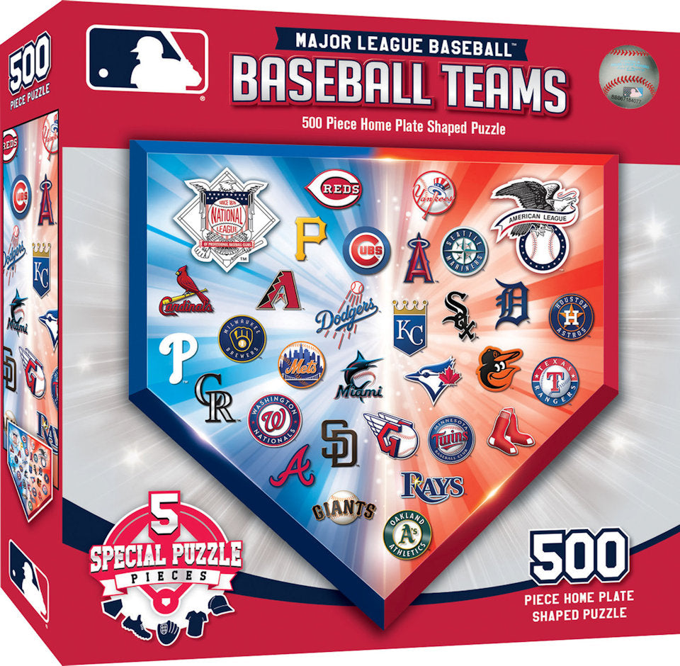 Baseball-themed puzzle packaging with logos of Major League Baseball teams on a home plate shape.