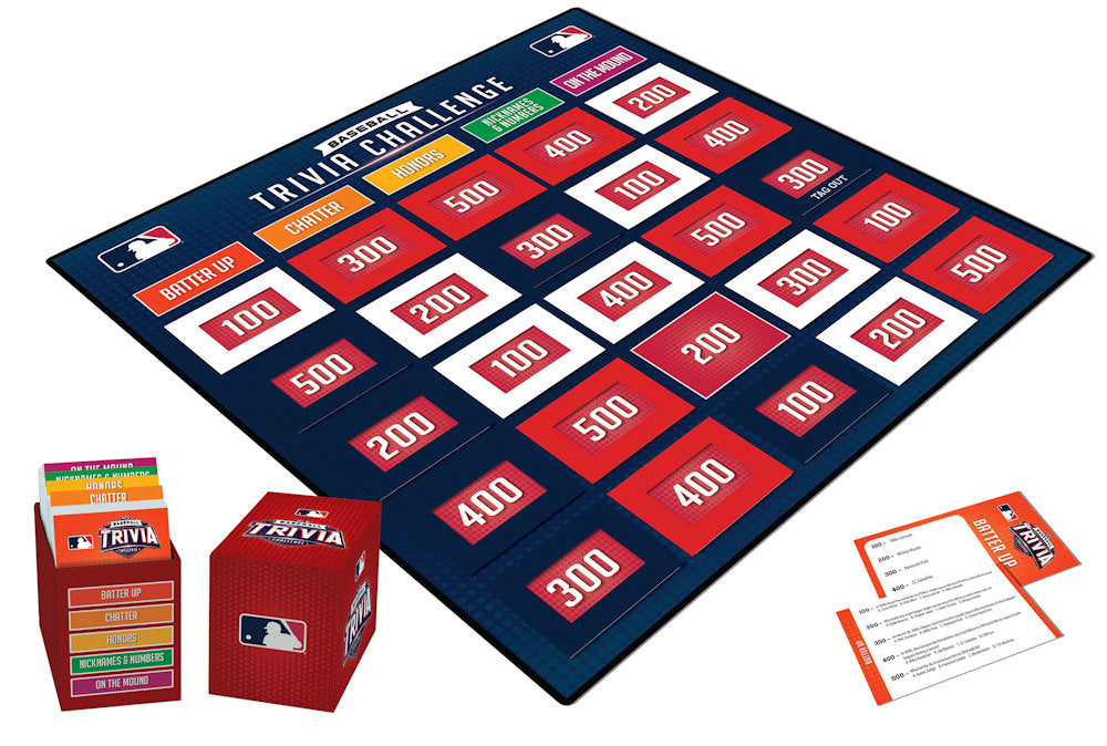 MLB Trivia Challenge game set with mat, cards, and boxes on a white background
