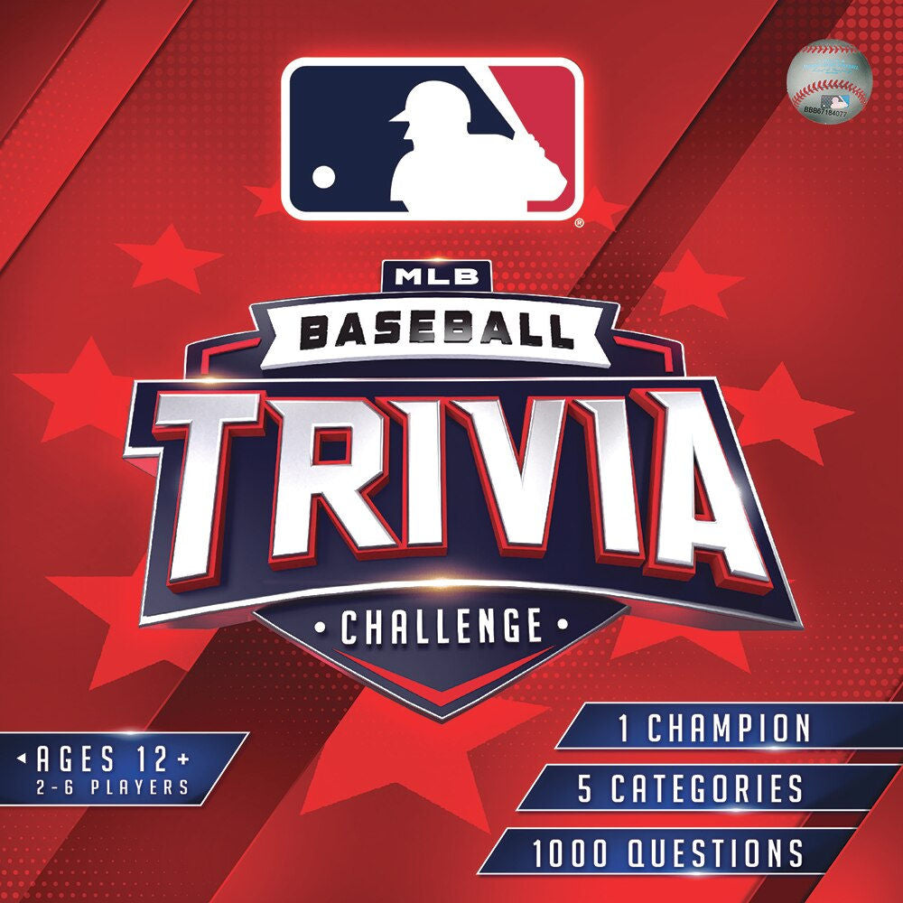 MLB Baseball Trivia Challenge packaging with red background and sports logo.