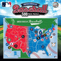 Baseball-themed puzzle with a map of the United States and Major League Baseball team logos.